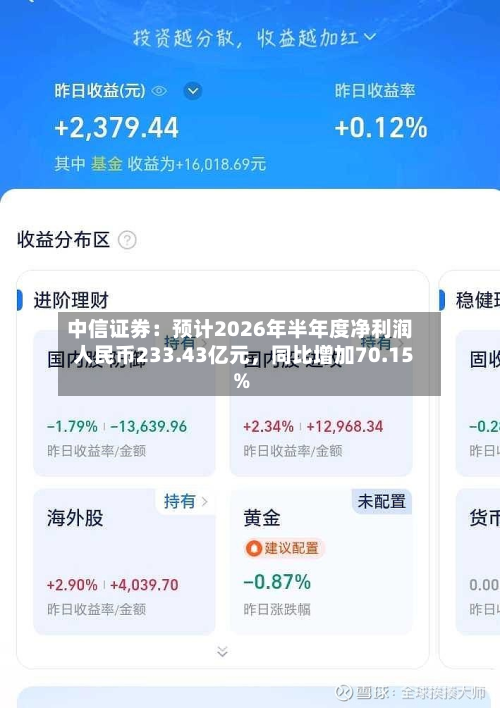 中信证券：预计2026年半年度净利润人民币233.43亿元，同比增加70.15%-第2张图片