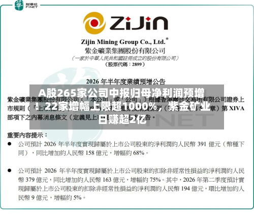A股265家公司中报归母净利润预增！22家增幅上限超1000%，紫金矿业日赚超2亿