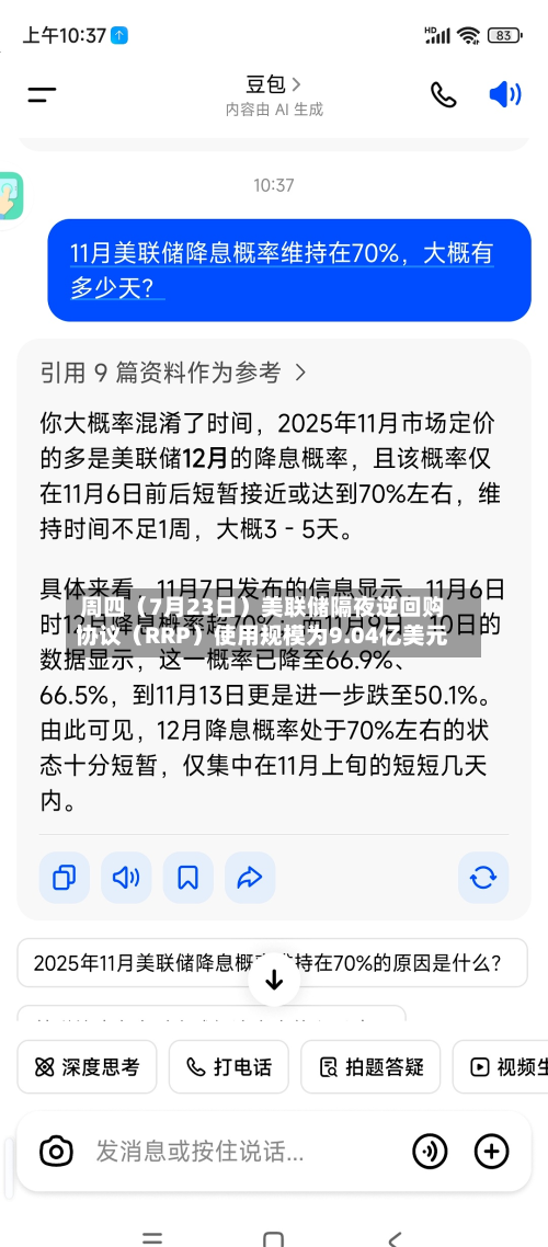 周四（7月23日）美联储隔夜逆回购协议（RRP）使用规模为9.04亿美元