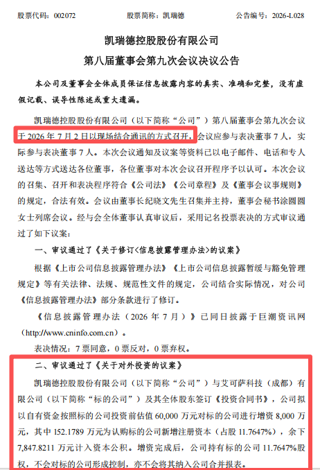 002072公告，8000万元对外投资